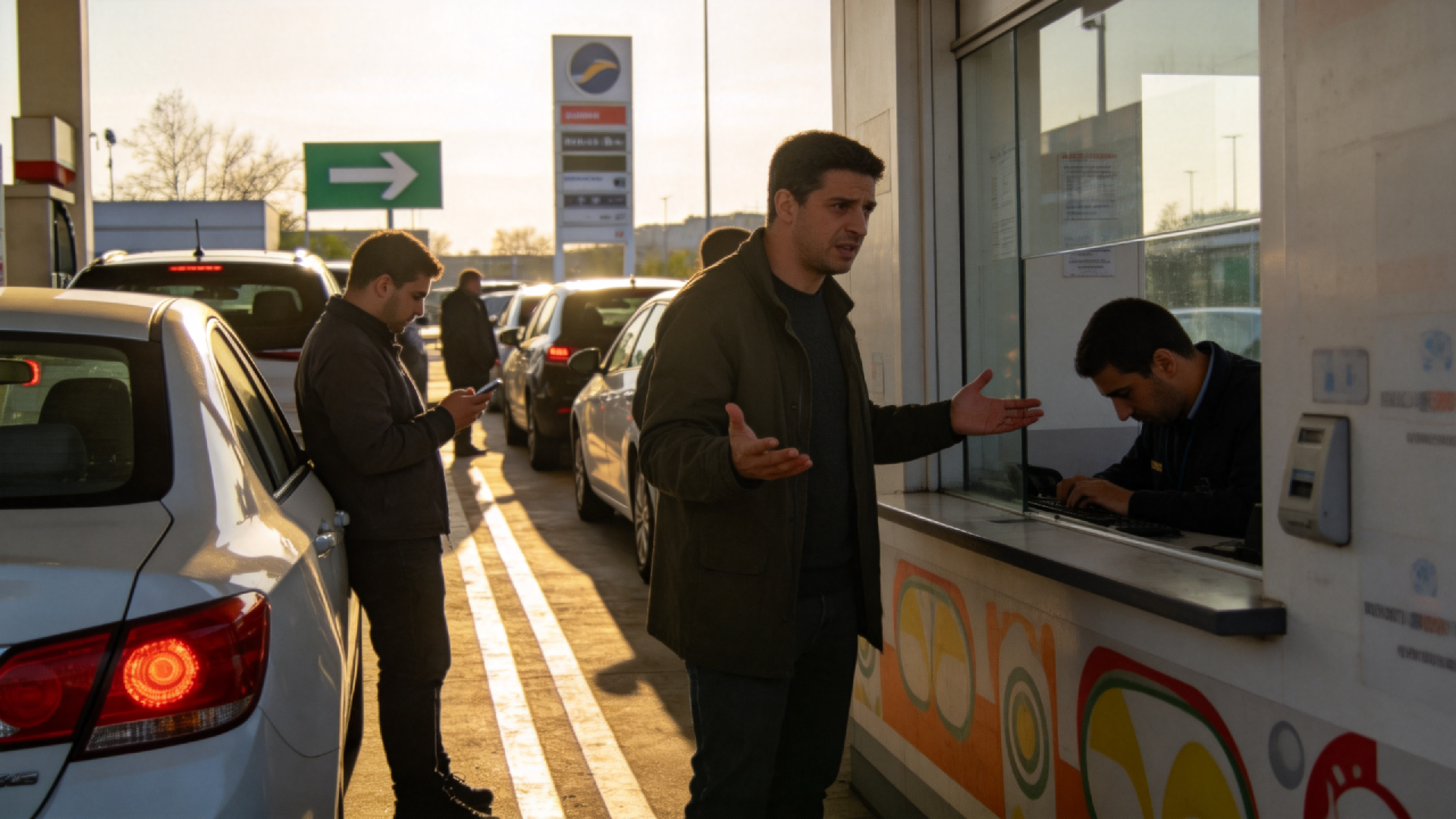 jimeng-2026-03-17-3346-加油站返程高峰排隊(duì)開(kāi)票實(shí)拍圖1張， 車主抱怨場(chǎng)景示意圖1張， 加油機(jī)旁開(kāi)票碼張貼....png