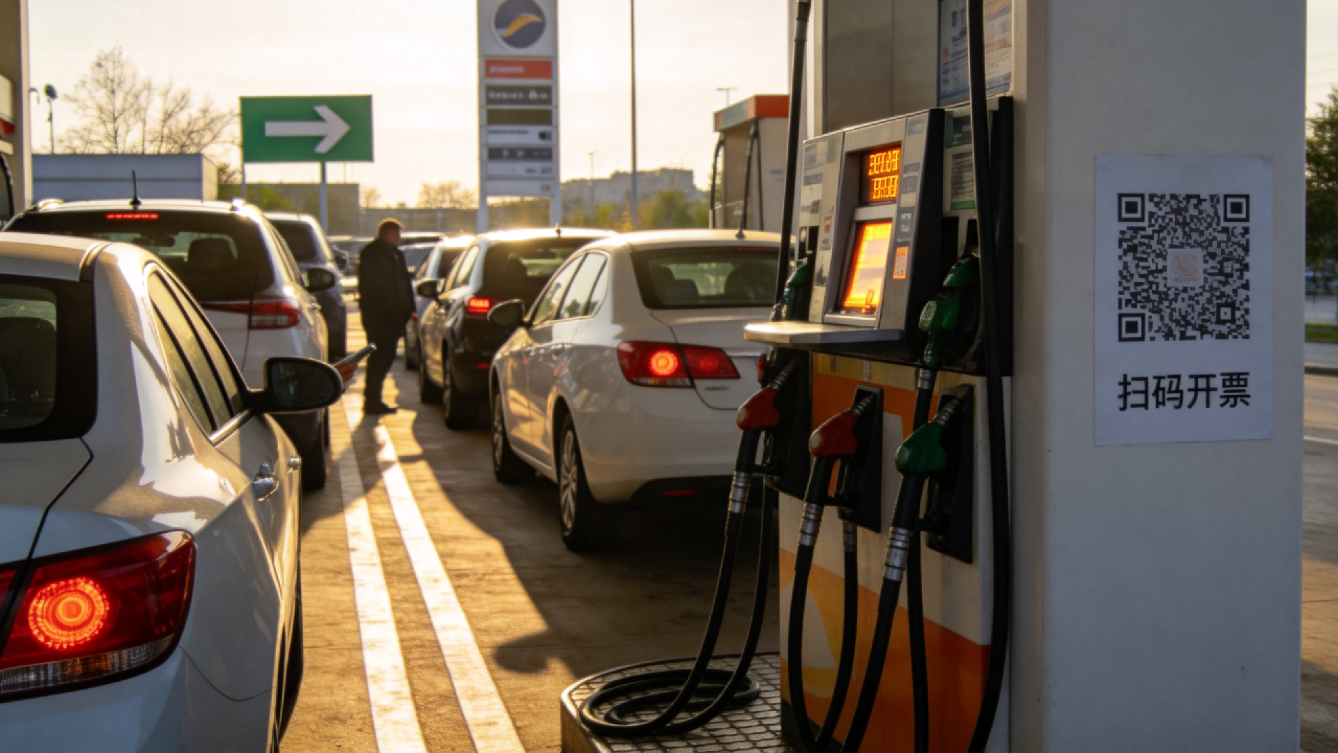 jimeng-2026-03-17-9160-加油站返程高峰排隊(duì)開(kāi)票實(shí)拍圖1張， 車主抱怨場(chǎng)景示意圖1張， 加油機(jī)旁開(kāi)票碼張貼....png